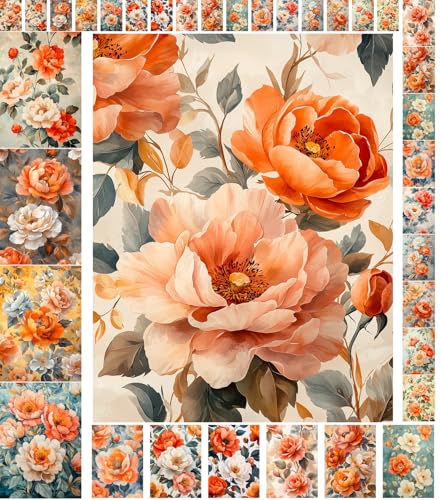 Decoupage Paper Pack (35 Sheets 6"x8") Peach Blossoms: Beautifully Detailed Posters with Vibrant Orange and White Flowers on Soft Pastel backdrops, Creating a Romantic ambiance FLONZ Vintage - color: Two