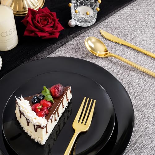 PULOTE 200PCS Black Plastic Plates - Heavy Duty Black Disposable Include 100 Each (10 inch Dinner & 7 inch Dessert) Plates, Disposable for Party, Birthday & Graduation - color: Black, size: 200 Pcs