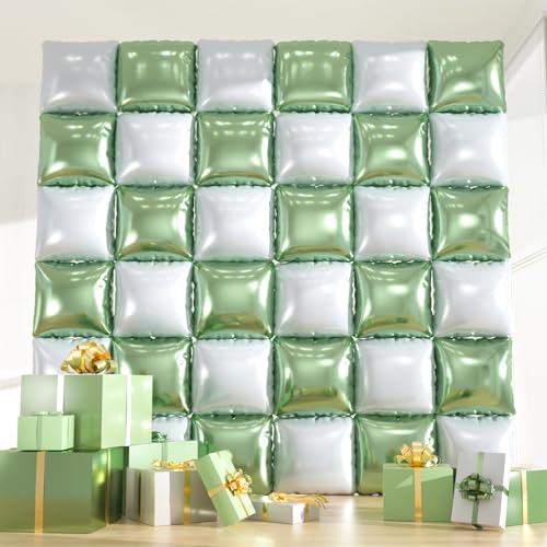 36pcs Sage Green & White Square Foil Balloons - Double-Sided Mylar Balloon Backdrop Kit for Birthdays, Graduation 2026, New Year, Photo Booth Decor (9.5ft x 9.5ft Checkered Wall/Tunnel) - color: Green White