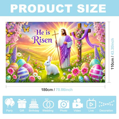 BlissYard Happy Easter Banner 71x43 Inch He is Risen Easter Backdrop Spring Christian Cross Lily Jesus Photography Background Religious Party Decorations Photo Banner Booth Studio Props - color: He is Risen Banner#1