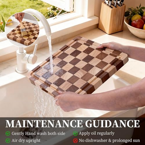 WILLKOMMEN Checkered Cutting Board for Kitchen– Wood Checkerboard End Grain Chopping Board 1" Thick Wooden Butcher Block with Juice Groove & Handle, Reversible for Cooking and Serving (Square) - style: Square Checkerboard-1 pack