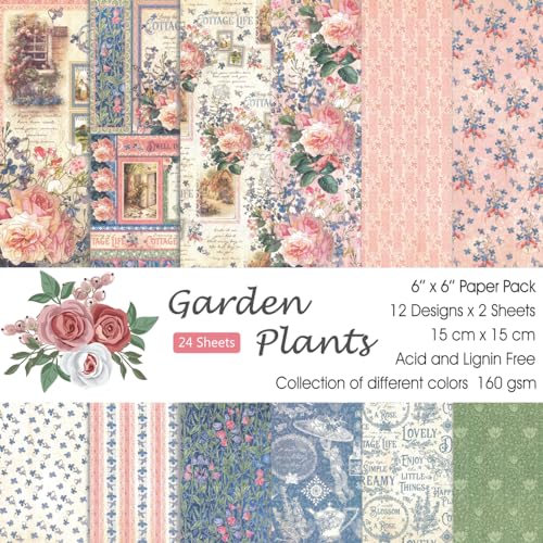 6x6” 160gsm cardstock Single Sided Scrapbooking 24 Papers Pad vintage decoupage scrapbook kit patterned paper junk journal supplies journaling supply scrap paper crafting Garden Plants - color: 24sheets-garden plants