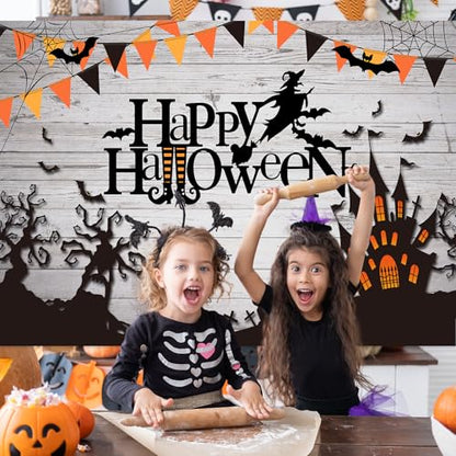 Mocsicka Happy Halloween Backdrop Spider Web Witch and Flying Bats Photography Background Wooden Floor Halloween Party Cake Table Decoration Banner Photo Booth Props (8x6ft) - size: 8x6ft