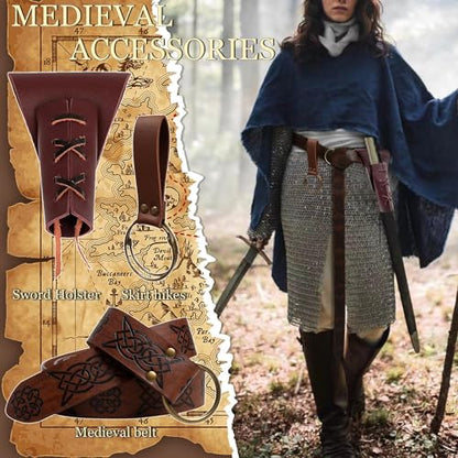 4PCS Medieval Leather Sword Frog Dagger Holder Belt Rapier Scabbard Viking Knight Renaissance Belt Pouch Halloween Costume - color: Pattern-brown