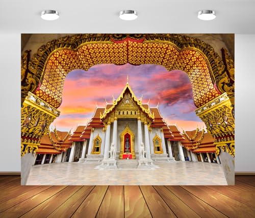 15x8ft Fabric Thailand Marble Temple Backdrop for Photography Bangkok Indian Style Marble Temple Thailand Landmark Architecture Background Asian Temple Buddhist Backdrop Photo Studio Props - size: 15x8FT