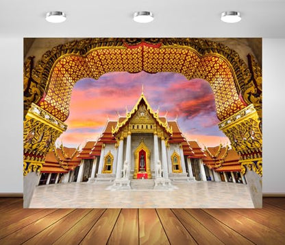 5x3ft Fabric Thailand Marble Temple Backdrop for Photography Bangkok Indian Style Marble Temple Thailand Landmark Architecture Background Asian Temple Buddhist Backdrop Photo Studio Props - size: 5x3FT