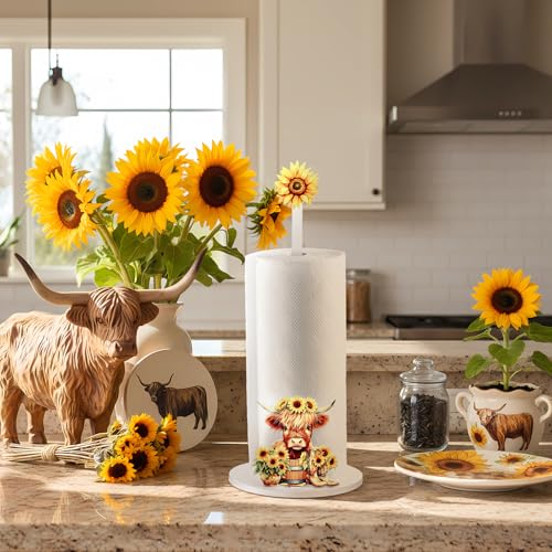 Namalu Highland Cow Sunflower Paper Towel Holder Highland Cow Sunflower Kitchen Decor Kitchen Cute Paper Towel Holder Dispenser for Bedroom Toilet Countertop Decor - style: Highland Cow