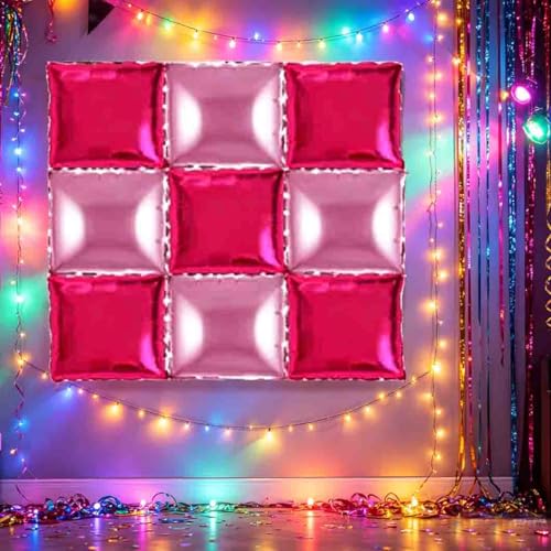 Hot Pink Square Foil Balloons Wall, Double Sided Magenta Mylar Balloons Backdrop Helium Mylar Balloo Kit for Birthday Bridal Anniversary Bachelorette Princess Shower Party Decorations 9PCS - color: Pink-9
