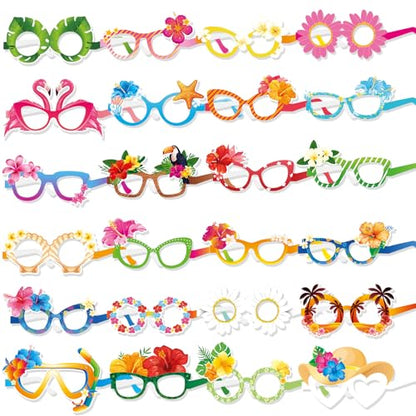 HOWAF 24pcs Hawaii Paper Glasses,Luau Party Eyeglasses Photo Booth Props Kit for Summer Tropical Party Favors,Hibiscus Flower Glasses for Beach Party Decor Eyewear,Aloha Tropical Flower Photo Glasses