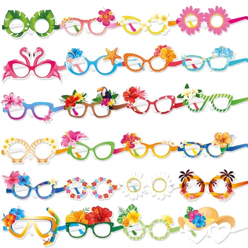 HOWAF 24pcs Hawaii Paper Glasses,Luau Party Eyeglasses Photo Booth Props Kit for Summer Tropical Party Favors,Hibiscus Flower Glasses for Beach Party Decor Eyewear,Aloha Tropical Flower Photo Glasses