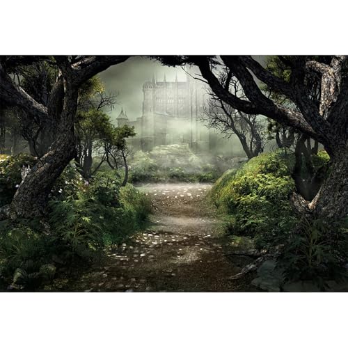Renaiss Enchanted Forest Backdrop Fabric Green Medieval Smoky Jungle Forest Wonderland Fairy Tale Adventure Photography Background Fairytale Theme Party Decorations Photo Prop 9x6ft - color: Dark Green, size: 9wx6h Ft