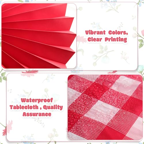 Moukeren 33 Pcs Picnic Party Decorations Set Paper Lanterns Red and White Checkered Gingham Pennant Banner with Hanging Paper Fans Tablecloth for Carnival Picnic BBQ Party Supplies