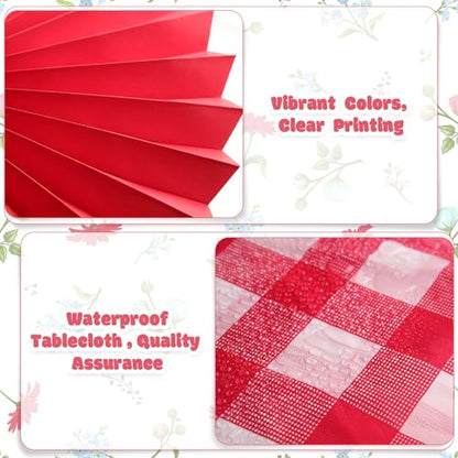Moukeren 33 Pcs Picnic Party Decorations Set Paper Lanterns Red and White Checkered Gingham Pennant Banner with Hanging Paper Fans Tablecloth for Carnival Picnic BBQ Party Supplies