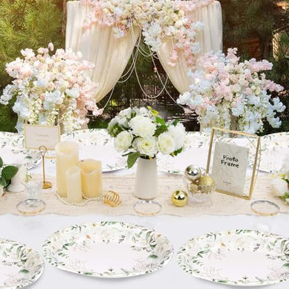 50PCS White Floral Oval Paper Plates 10"X12" Eucalyptus Flower Plates Disposable Heavy Duty Green Leaves White Flowers Tablewre Spring Blossom Flowers Dinnerware for Wedding Birthday Bridal Shower - style: 50PCS White Floral Oval Plates