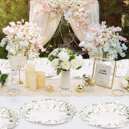 50PCS White Floral Oval Paper Plates 10"X12" Eucalyptus Flower Plates Disposable Heavy Duty Green Leaves White Flowers Tablewre Spring Blossom Flowers Dinnerware for Wedding Birthday Bridal Shower - style: 50PCS White Floral Oval Plates