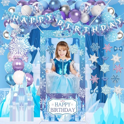 Frozen Birthday Decorations for Women,Happy Birthday Banner,Snowflake Foil Balloon,35 Blue Purple White Balloons,Photo Booth Props for Girls - color: Frozen