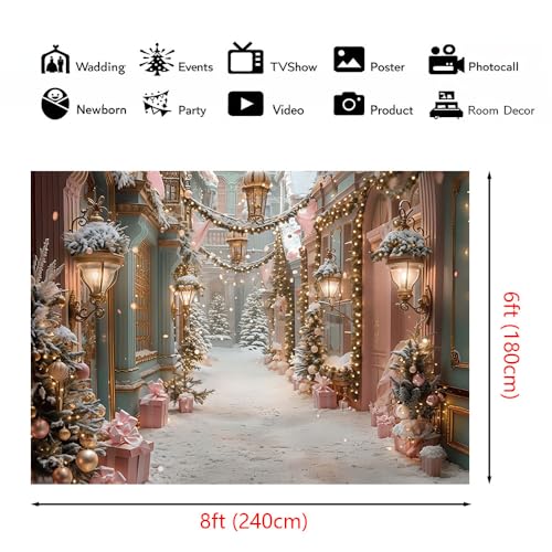 AIBIIN 8x6ft Christmas Snow Street Backdrop Winter Pink Xmas Shop Photography Backgrounds Winter Christmas Tree House Holiday Decorations - color: Snow Street, size: 8x6ft