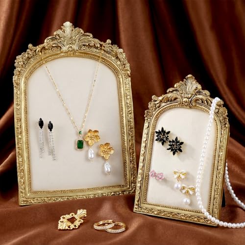 2 Set Gold Jewelry Display Stand Vintage Necklace Organizer Ring Holder Earring Tray Jewelry Photography Props Frame with Velvet Backing for Gifts, Elegant Décor for Jewelrys and Collectibles