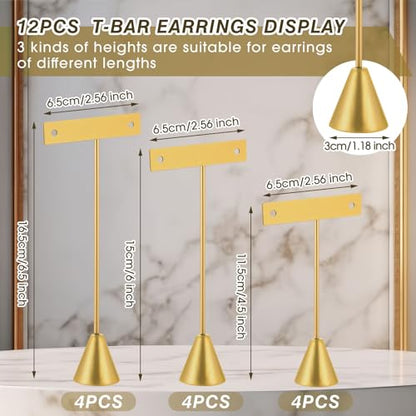Marsui 12 Pcs Earring Display Set T Bar Earring Display Stand with 3 Heights Earrings Stand for Jewelry Vendors (Gold) - color: Gold