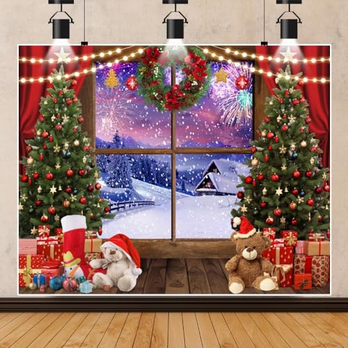 Christmas Backdrop - 10x8ft Winter Snowy Window Merry Christmas Photo Backdrop with Xmas Tree, Gifts, Eve Background, Festival Party Decorations Banner Props - color: NSW13498