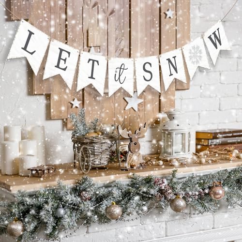 Let It Snow Banner Garland, No DIY Wooden Christmas Banner for Mantle Fireplace Wall, Rustic Let It Snow Christmas Decorations for Home, Winter Wonderland Party Decorations