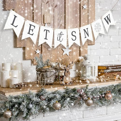 Let It Snow Banner Garland, No DIY Wooden Christmas Banner for Mantle Fireplace Wall, Rustic Let It Snow Christmas Decorations for Home, Winter Wonderland Party Decorations