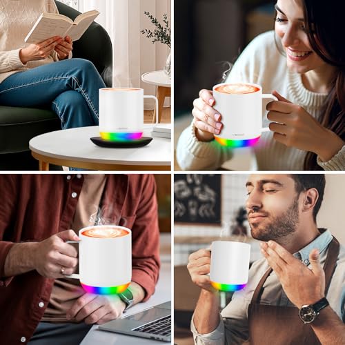 Vsitoo S6 Plus Smart Coffee Mug, 12oz,Temperature Controlled Mug & Electric Coffee Mug with Music Sync Lights，Auto-Sensing AI Heats Drinks to 120-150°F Hands-Free. Ideal for Home/Office/Gifts - White - color: White