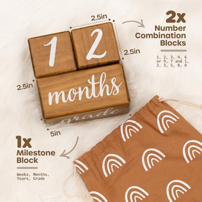 Pondering Pine Baby Milestone Blocks - Natural Pine Wood with Weeks Months Years Grade - Milestones Age Block Set with Boho Rainbow Bag, Newborn Weekly Monthly First Year Picture Props, Earth Friendly - color: Brown, size: 3 Piece