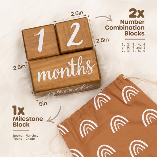 Pondering Pine Baby Milestone Blocks - Natural Pine Wood with Weeks Months Years Grade - Milestones Age Block Set with Boho Rainbow Bag, Newborn Weekly Monthly First Year Picture Props, Earth Friendly - color: Brown, size: 3 Piece