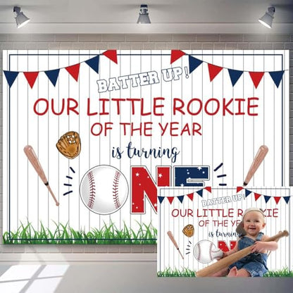 5x4ft Baby Boy 1st Birthday Backdrop Red Blue Triangle Flag Baseball Bat White Wood Texture Photography Background Our Little Rookie of The Year is Turning Banner Cake Table Decor Photo Booth Props - size: 5x4ft