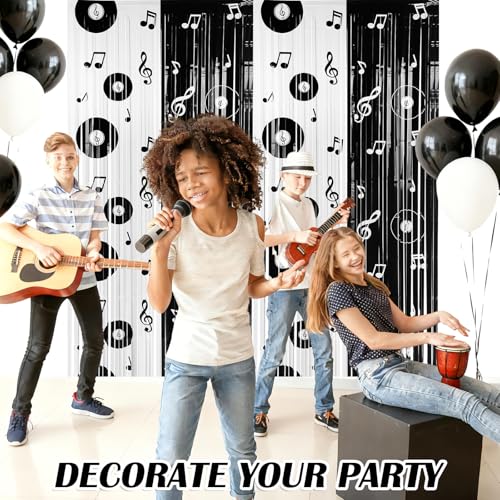 Gilprop 2 Pcs Music Party Decoration Backdrop Curtains Graduation Foil Fringe Musical Background Vinyl Record and Musical Note Curtain for Grad Music Birthday Party Decorations, 3.28 x 6.56ft