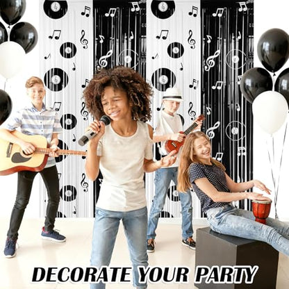 Gilprop 2 Pcs Music Party Decoration Backdrop Curtains Graduation Foil Fringe Musical Background Vinyl Record and Musical Note Curtain for Grad Music Birthday Party Decorations, 3.28 x 6.56ft