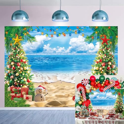 July Christmas Backdrop 8x6FT Summer Beach Christmas Photography Background Tropical Hawaiian Xmas Party Decorations Supplies Photo Props - size: 8x6FT