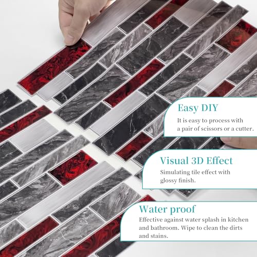 VICCI 12-Sheet Peel and Stick Tile Backsplash, Vinyl Waterproof Tiles Decals 12 x 12 inch Self Adhesive Wall Sticker for Kitchen, Bathroom & Laundry Room (Grey & Red Marble Style) - color: Spt-202, size: 12 x 12 inch (3D Textured style)