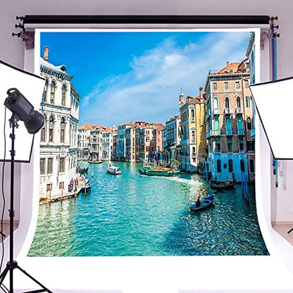 AOFOTO 10x10ft Italy Venice Photography Backdrop Water City Streetscape Italian Themed Party Decorations Background for Restaurant Canal Gondolas European Trip Birthday Portrait Photoshoot Props - size: 10x10ft