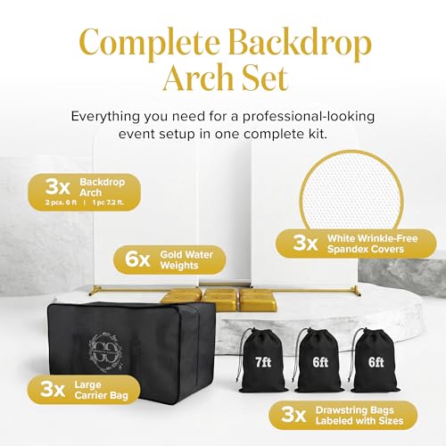 Metal Arch Backdrop Stand and Cover Set – 3 Gold Frames (7.2ft, 6ft x2) with White Wrinkle-Free Spandex Covers, Water Weights, Bags & Case – Wedding, Birthday, Baby Shower, Party Decor