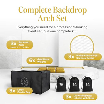 Metal Arch Backdrop Stand and Cover Set – 3 Gold Frames (7.2ft, 6ft x2) with White Wrinkle-Free Spandex Covers, Water Weights, Bags & Case – Wedding, Birthday, Baby Shower, Party Decor