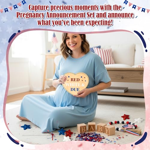 11Pcs Pregnancy Announcement Set 4th of July Baby Coming Soon Announcements Ideas Include Red White & Due Wooden Sign Star Beads Garland Red White Blue Pregnancy Reveal Photo Prop for Independence Day - color: Red White Blue