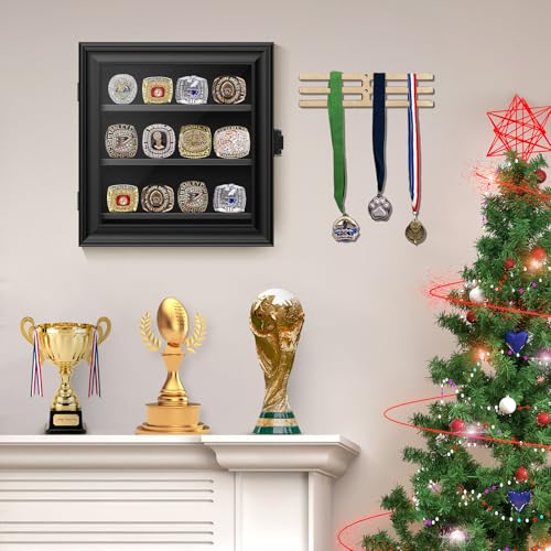 Championship Ring Display Case, 12 Ring Posts Baseball Ring Holder, Wall Mount Wooden Shadow Box for Multiple Championship Rings - size: 12 Posts-Rectangle