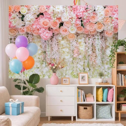5x4ft Pink Rose Flower Wedding Photography Backdrop Spring Floral Photography Backdrop Valentine's Day Mother's Day Girl Birthday Baby Shower Wedding Bridal Party Banner Photo Booth Props Background - color: Multi9, size: 5X4FT
