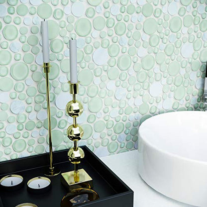 Tenedos Bubbles Snow Dove Glass and White Marble Mosaic Tile, Frosted & Polished Finish, 10.5"x10.5" Mesh Mounted for Wall, Backsplash & Bathroom Use