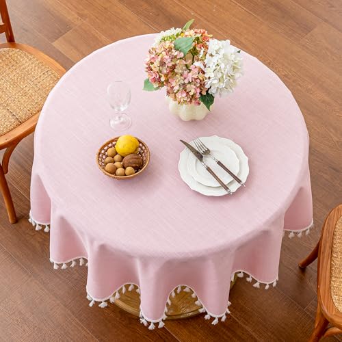 JIALE Valentines Textured Tablecloth, Heavy Duty Linen Style Farmhouse Table Cloth Round Tables, Wrinkle-Free Washable Waterproof Table Cover for Kitchen, Dining, Parties, 55"x55", Pink - color: Pink, size: 55" (Round)