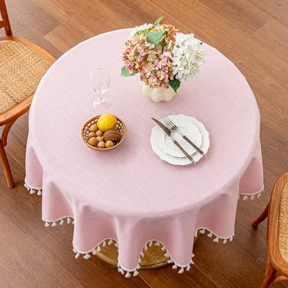 JIALE Valentines Textured Tablecloth, Heavy Duty Linen Style Farmhouse Table Cloth Round Tables, Wrinkle-Free Washable Waterproof Table Cover for Kitchen, Dining, Parties, 55"x55", Pink - color: Pink, size: 55" (Round)