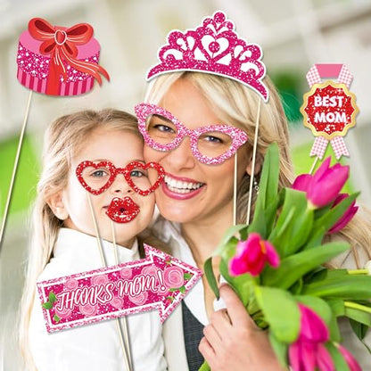 25Pcs Mother's Day Photo Booth Props with Stick, Best Mom Theme Selfie Props, I Love Mom Birthday Party Supplies, Photography Backdrop Decorations