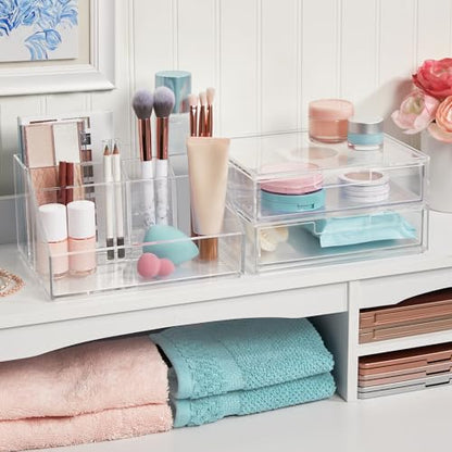 STORi Chloe Stackable Makeup Holder & Drawer Organizer Set, Clear, BPA-Free Plastic, Made in USA, Organize Brushes, Cosmetics & Beauty Essentials - style: Organizer & Drawer Set