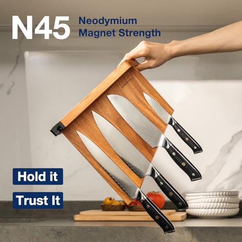 Gourmetop Magnetic Knife Holder with Built-in Sharpener, 100% Acacia Wood Magnetic Knife Block without Knives, Strong Double-Sided Magnetic Knife Holder for Kitchen Countertop Organization, Light Wood - color: Light Wood