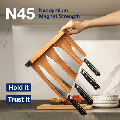 Gourmetop Magnetic Knife Holder with Built-in Sharpener, 100% Acacia Wood Magnetic Knife Block without Knives, Strong Double-Sided Magnetic Knife Holder for Kitchen Countertop Organization, Light Wood - color: Light Wood