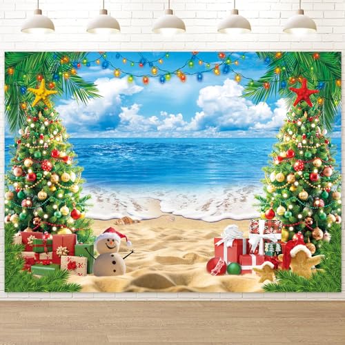 July Christmas Backdrop for Photography 10x8FT Summer Beach Christmas Tree Decorations Background Tropical Hawaiian Xmas Party Supplies Photo Props - size: 10x8FT