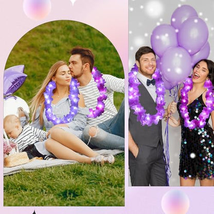 Sherr 24 Pcs LED Light Pink Purple Leis Light up Wedding Hawaiian Leis Flower Necklace with LED Lights Beach Tropical Carnival Party Wedding Supplies Luau for Masquerade - color: Multi Purple