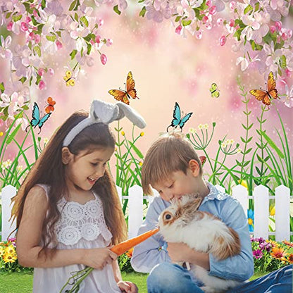 INRUI Spring Easter Garden Photography Backdrop Green Grass Lawn Floral Butterfly Fence Baby Shower Birthday Party Decorations Banner (6x8FT) - size: 6x8FT